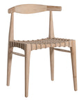 Modern lightwood dining chair featuring a sculpted timber backrest and a handwoven rope seat. A perfect blend of natural materials and contemporary craftsmanship for stylish dining spaces