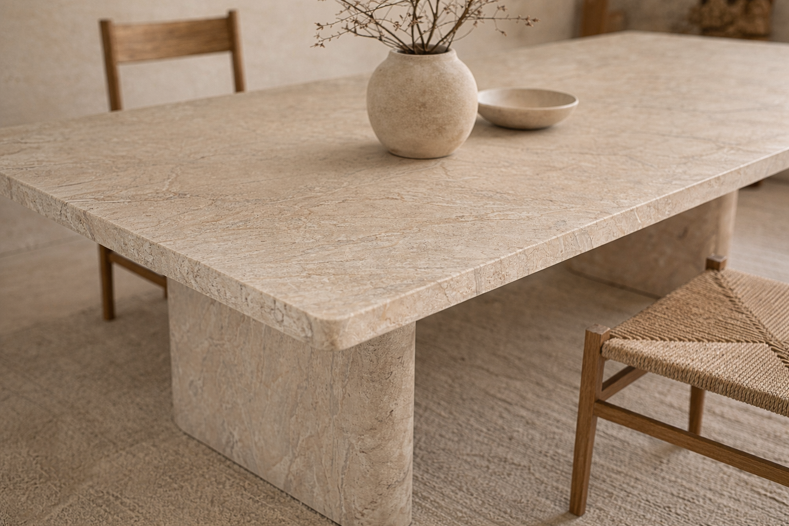 Amani dining table in dune hydro dipped finish with rectangular top and sculptural base styled in a warm minimal dining room with natural wood chairs.