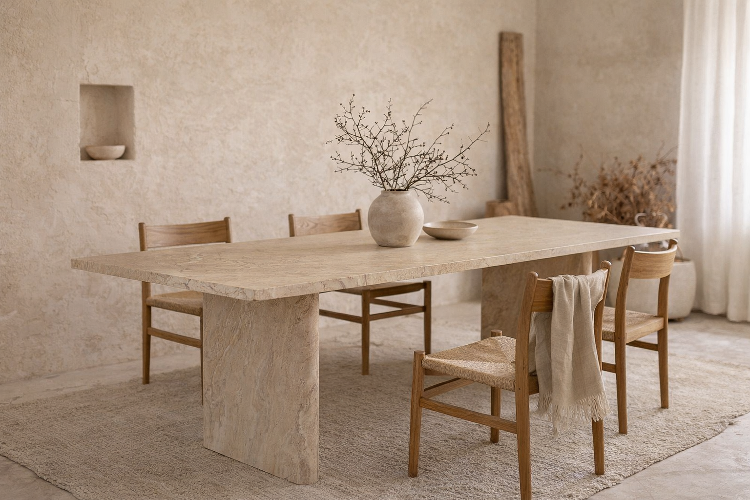 Amani dining table in dune hydro dipped finish with rectangular top and sculptural base styled in a warm minimal dining room with natural wood chairs.