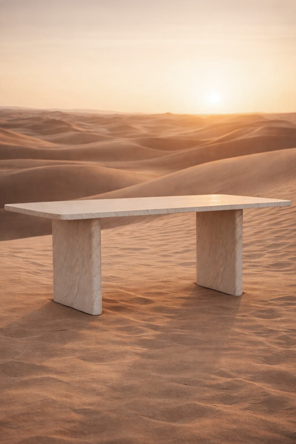 Amani dining table in dune finish with rectangular tabletop and sculptural pedestal legs set in a warm desert landscape
