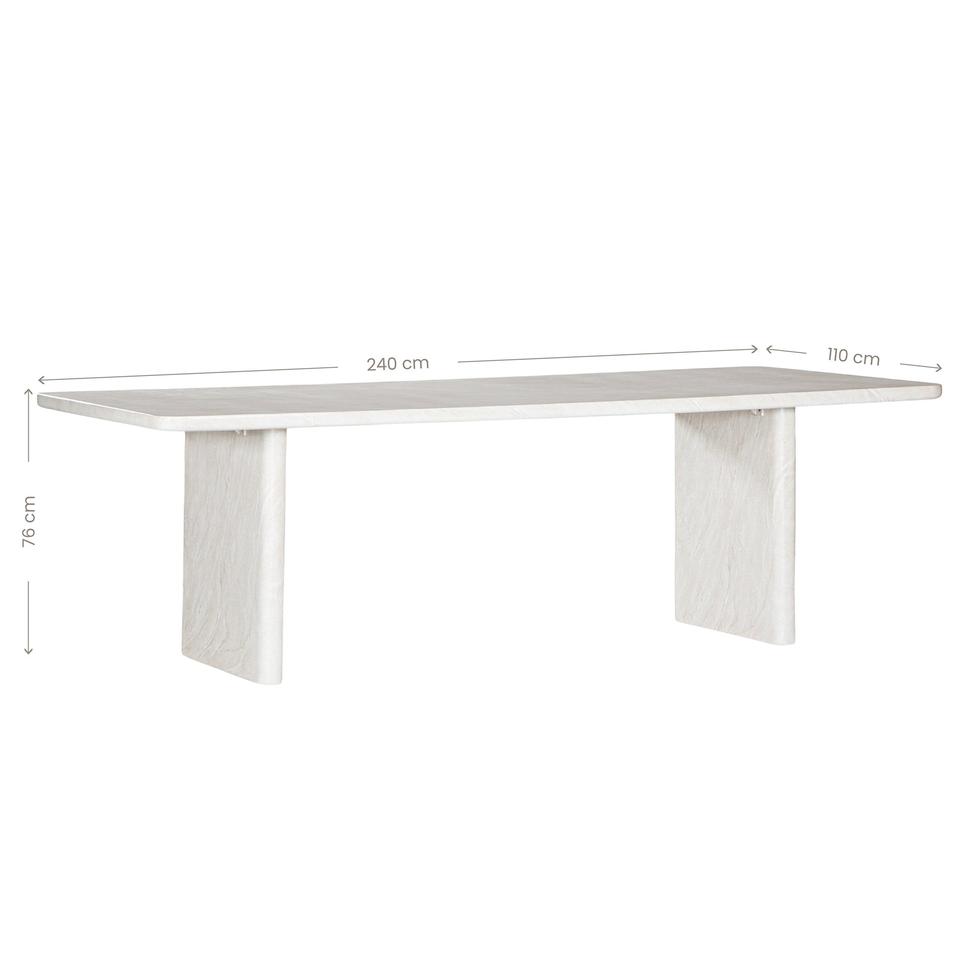 Minimalist white hydro-dipped concrete dining table with a sleek rectangular top and sturdy panel legs. A contemporary statement piece designed to complement modern and coastal interiors