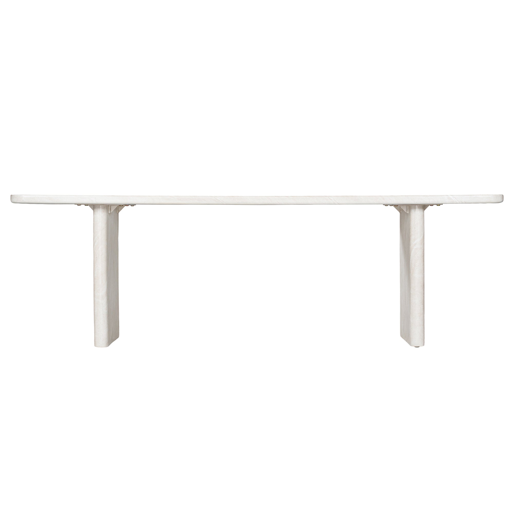 Minimalist white hydro-dipped concrete dining table with a sleek rectangular top and sturdy panel legs. A contemporary statement piece designed to complement modern and coastal interiors