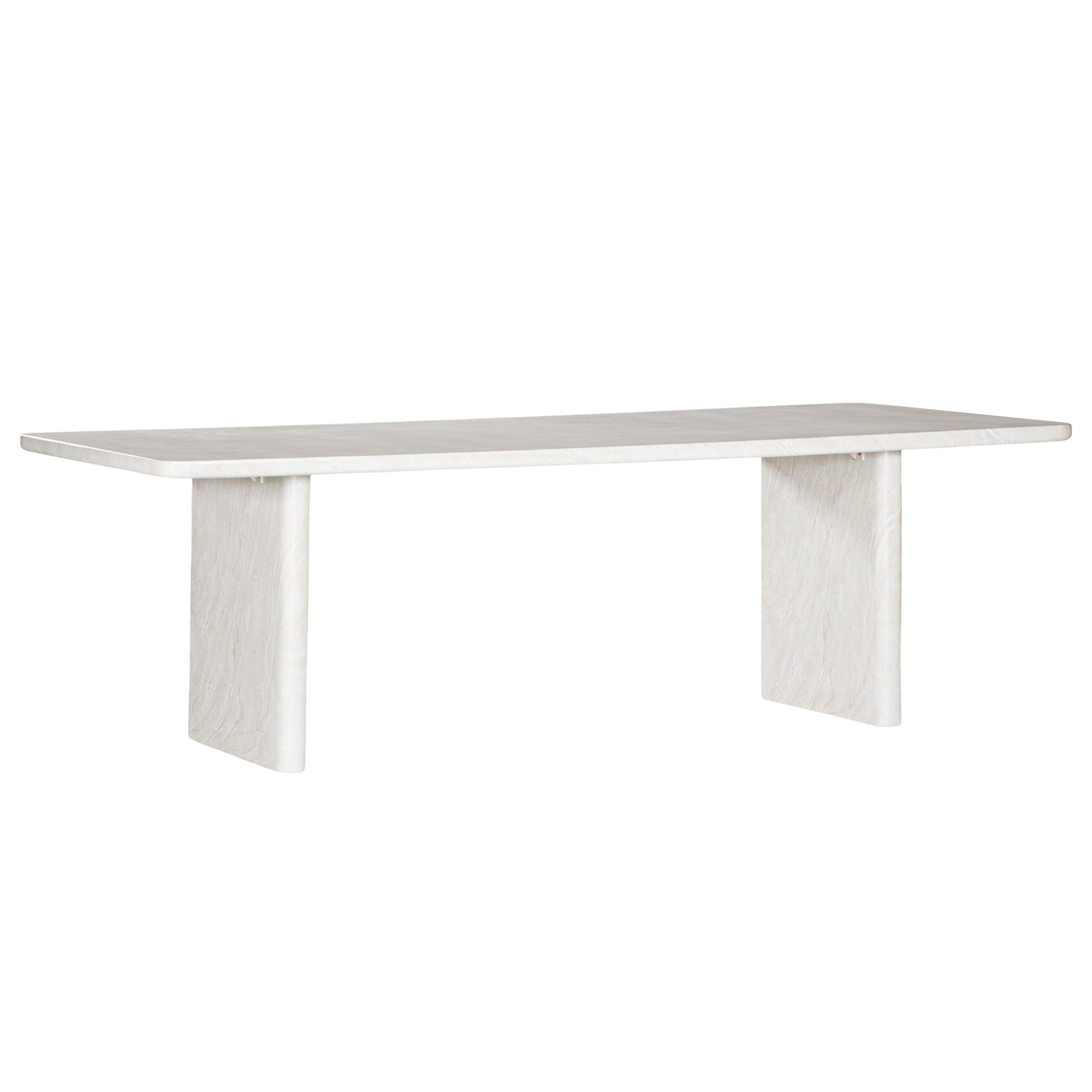 Minimalist white hydro-dipped concrete dining table with a sleek rectangular top and sturdy panel legs. A contemporary statement piece designed to complement modern and coastal interiors