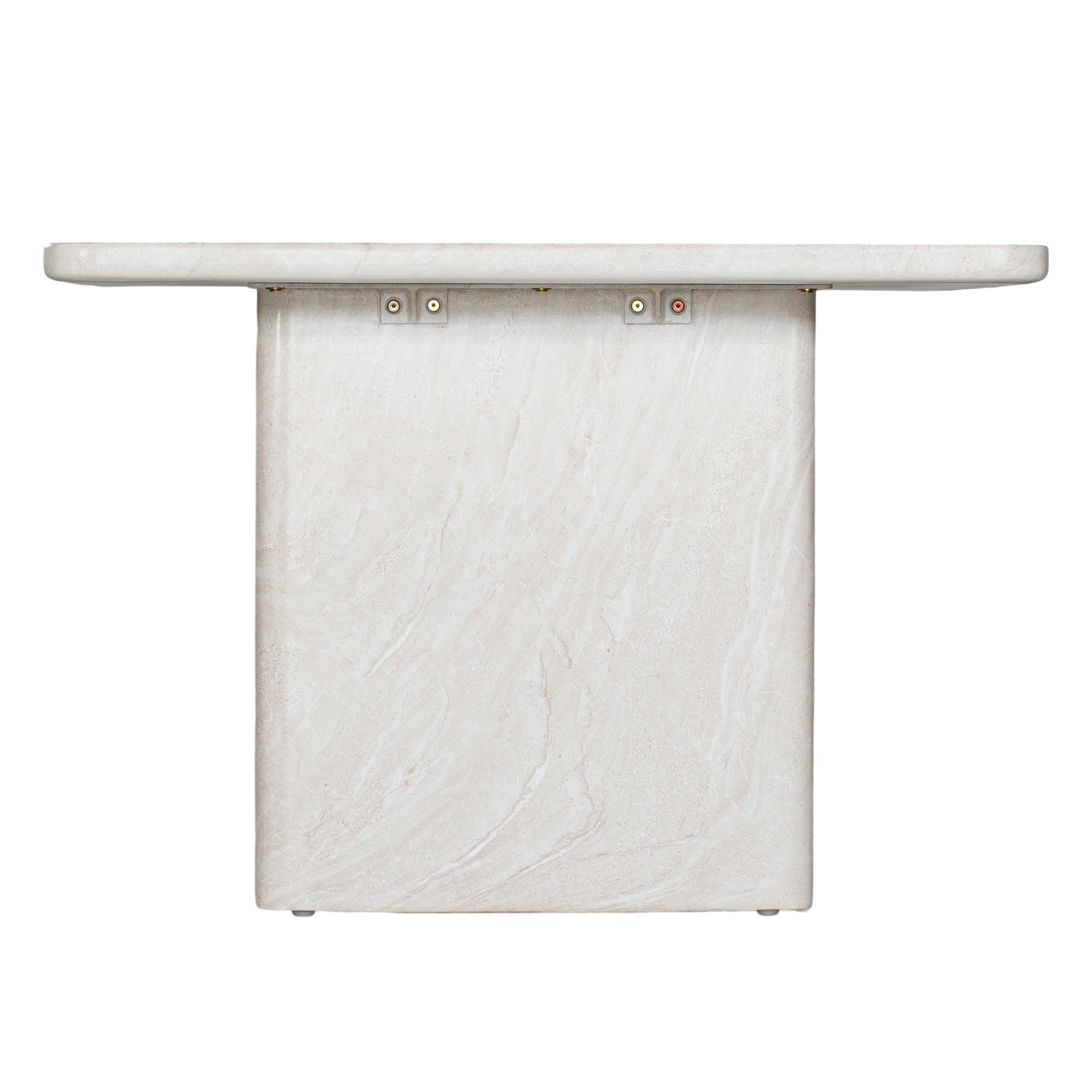 Minimalist white hydro-dipped concrete dining table with a sleek rectangular top and sturdy panel legs. A contemporary statement piece designed to complement modern and coastal interiors