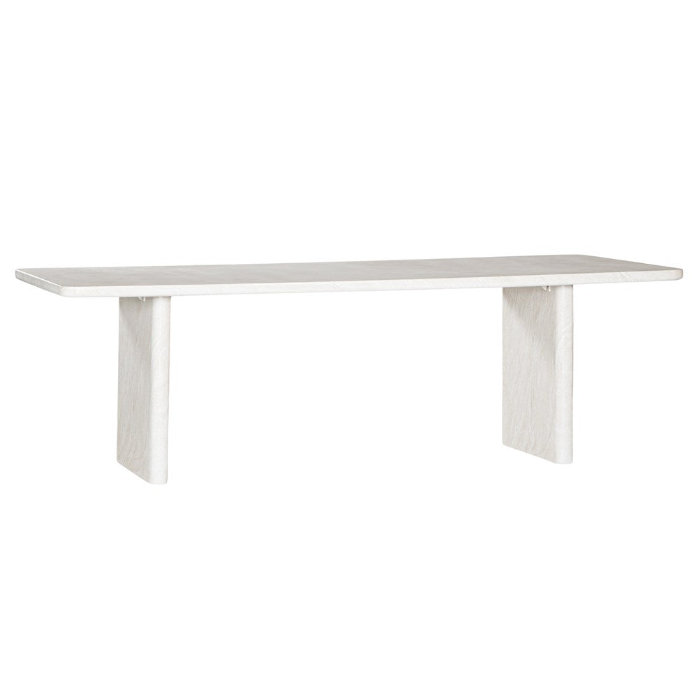Minimalist white hydro-dipped concrete dining table with a sleek rectangular top and sturdy panel legs. A contemporary statement piece designed to complement modern and coastal interiors