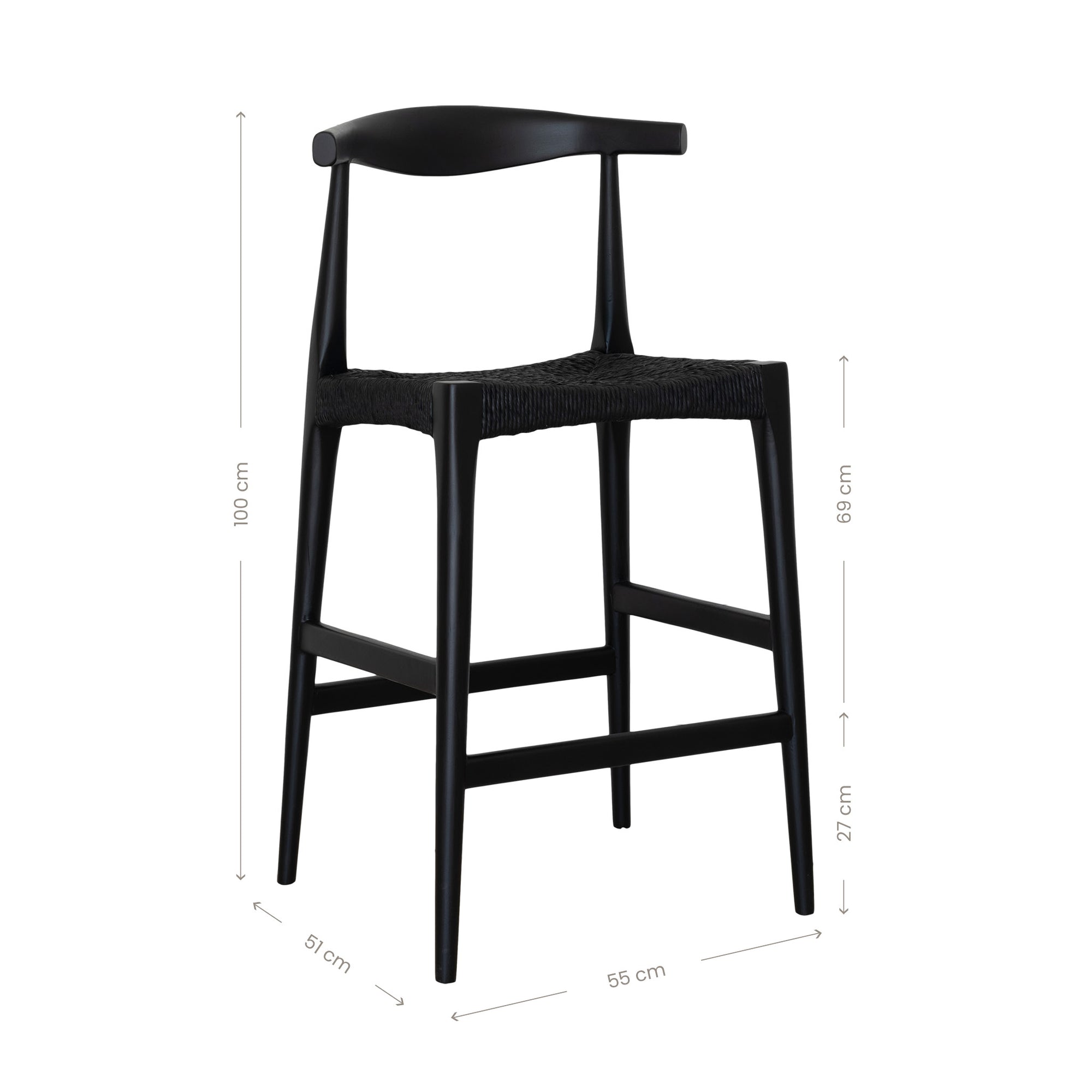Kulala Living Amara Bar Stool in black, featuring a sleek timber frame with a woven black seat and an elegantly curved backrest, designed for contemporary bar seating.


