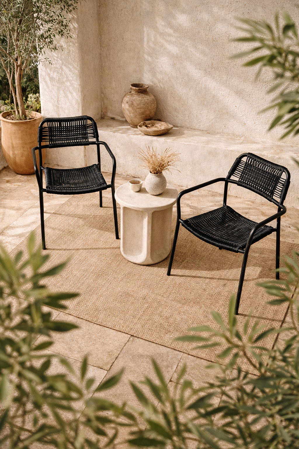 Amila black armchairs with woven rope seats styled around a stone side table in a calm mediterranean inspired courtyard setting