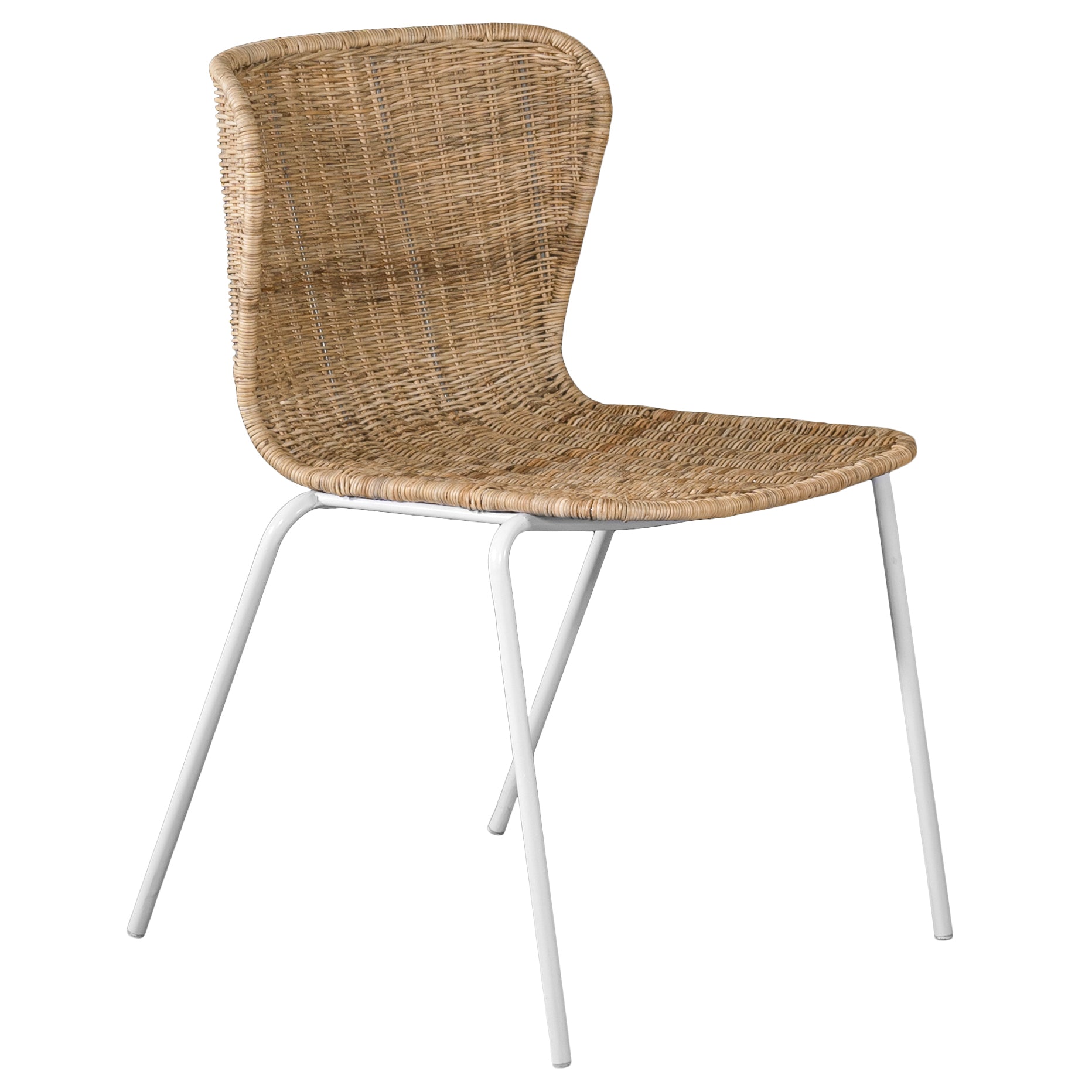 Contemporary dining chair with a sleek white metal frame and a handwoven natural rattan seat and backrest, offering a stylish and comfortable alfresco seating option