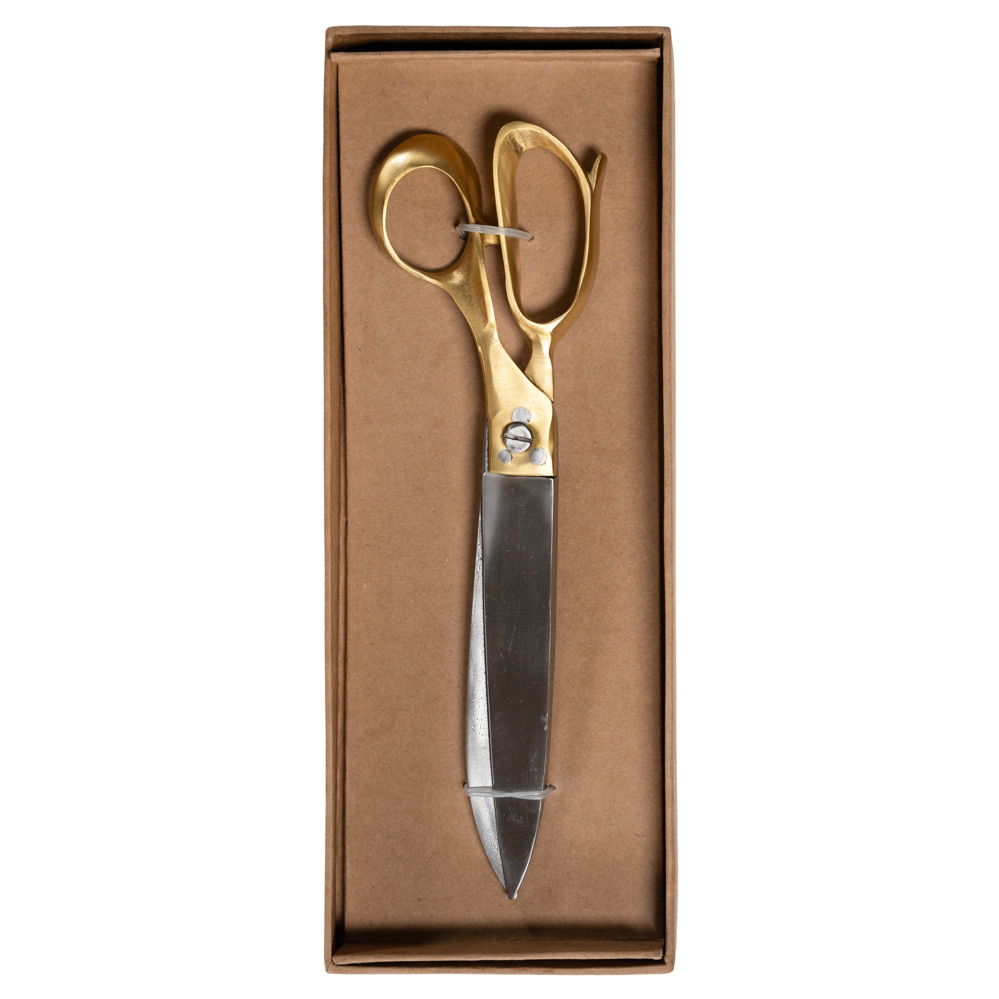 A pair of vintage-style tailor shears with brass handles and stainless steel blades, measuring 26cm in length, elegantly presented in a brown gift box