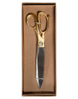 A pair of vintage-style tailor shears with brass handles and stainless steel blades, measuring 26cm in length, elegantly presented in a brown gift box