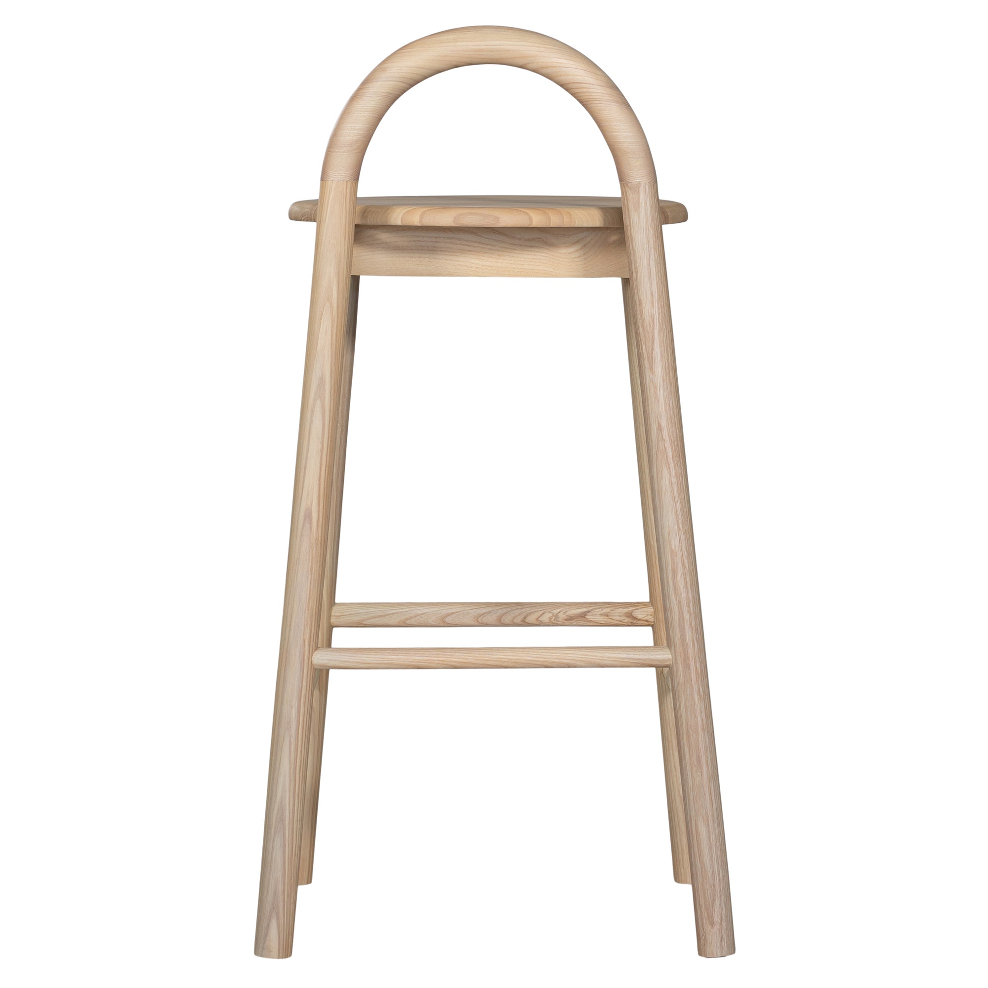A minimalist solid ashwood bar stool with a curved backrest and natural finish, designed for modern kitchen and bar spaces.
