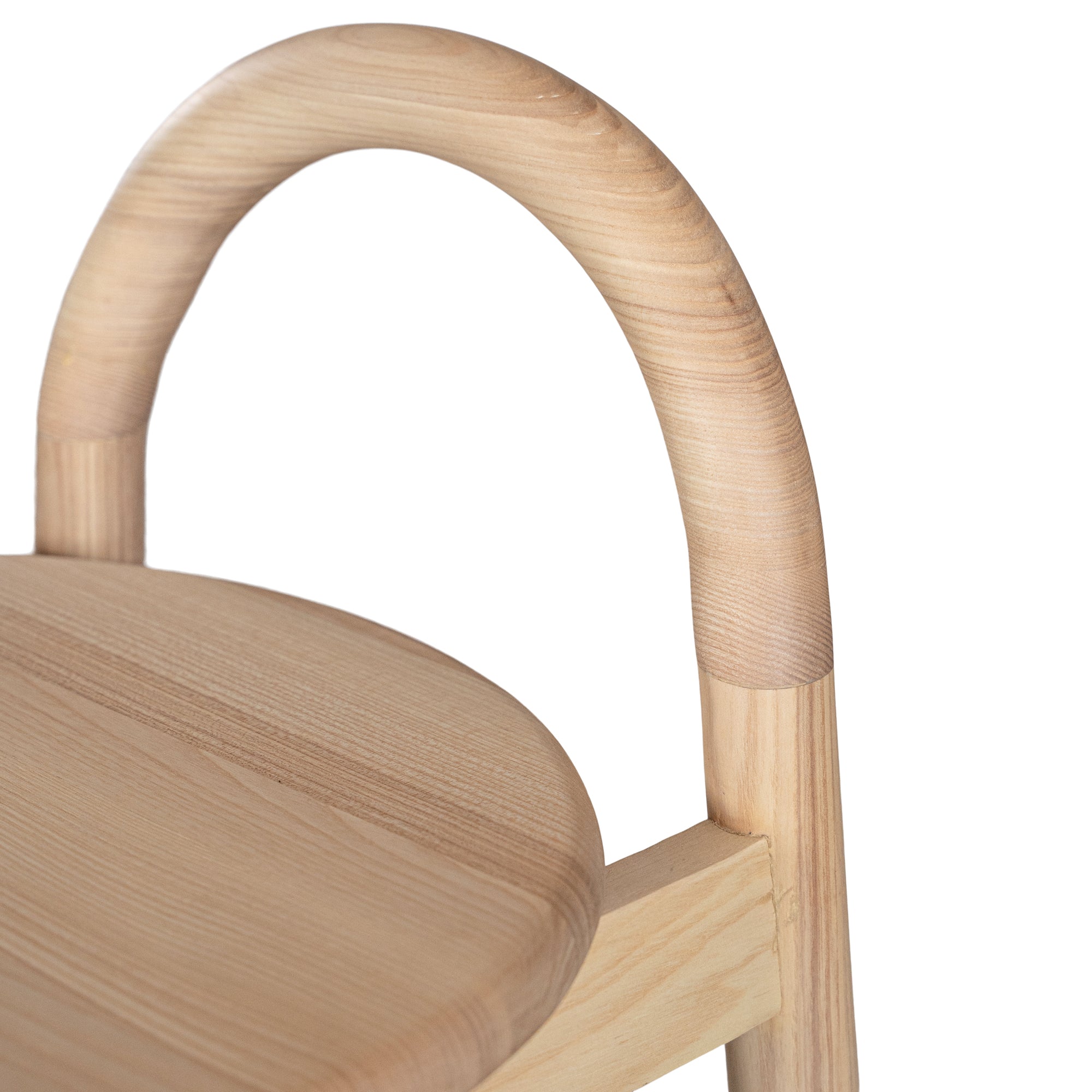A minimalist solid ashwood bar stool with a curved backrest and natural finish, designed for modern kitchen and bar spaces.