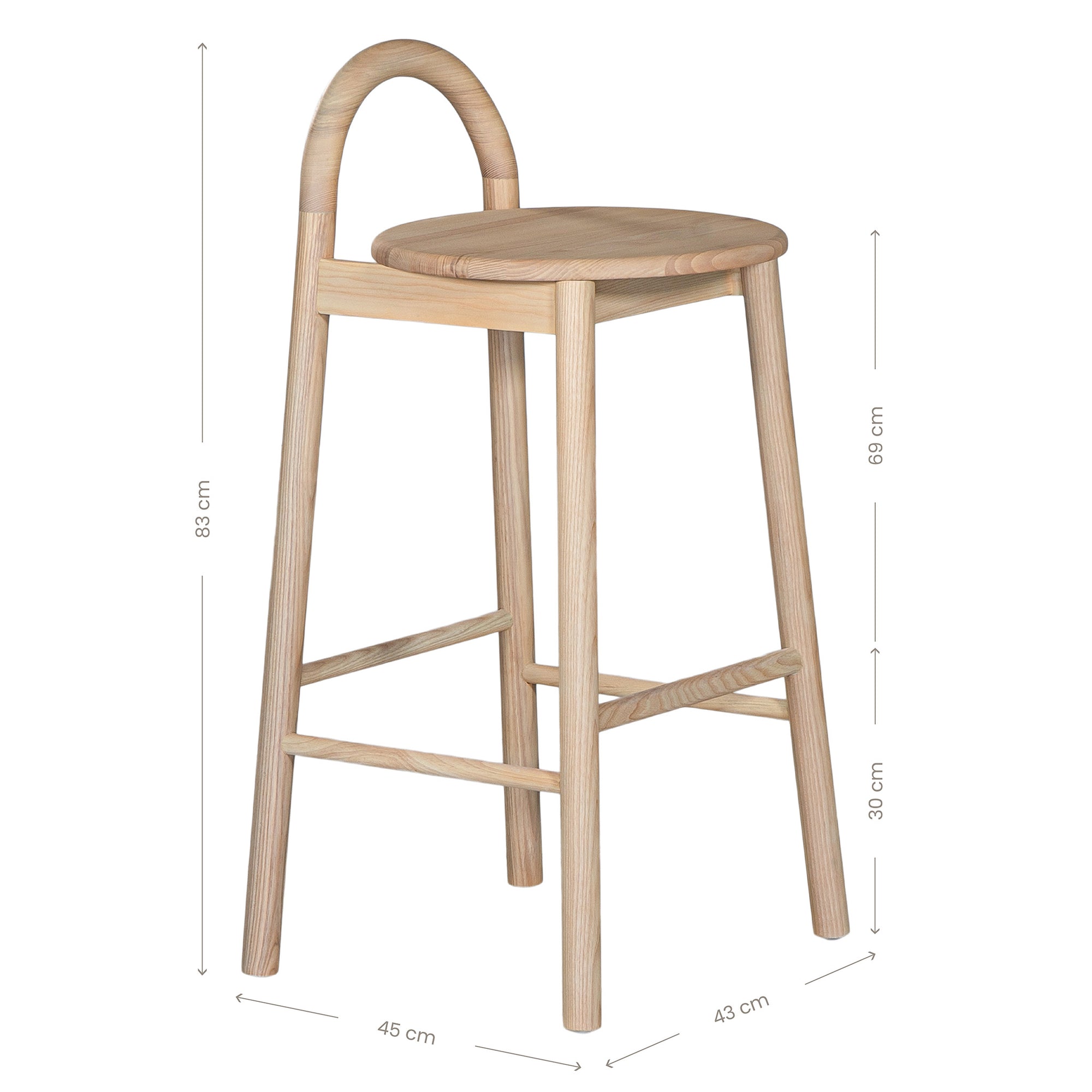 A minimalist solid ashwood bar stool with a curved backrest and natural finish, designed for modern kitchen and bar spaces.