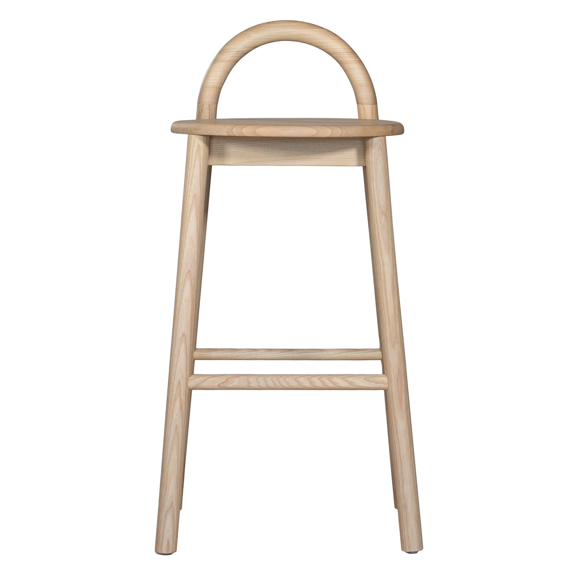A minimalist solid ashwood bar stool with a curved backrest and natural finish, designed for modern kitchen and bar spaces.