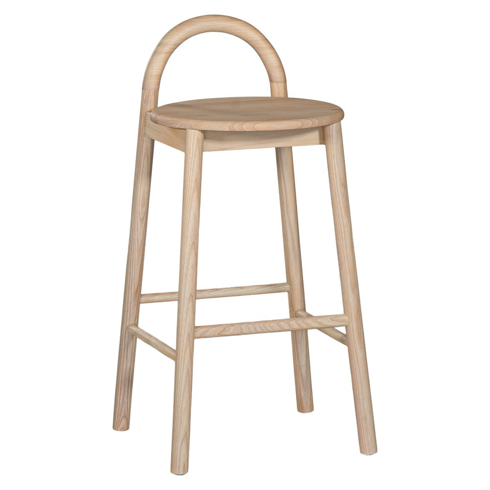 A minimalist solid ashwood bar stool with a curved backrest and natural finish, designed for modern kitchen and bar spaces.