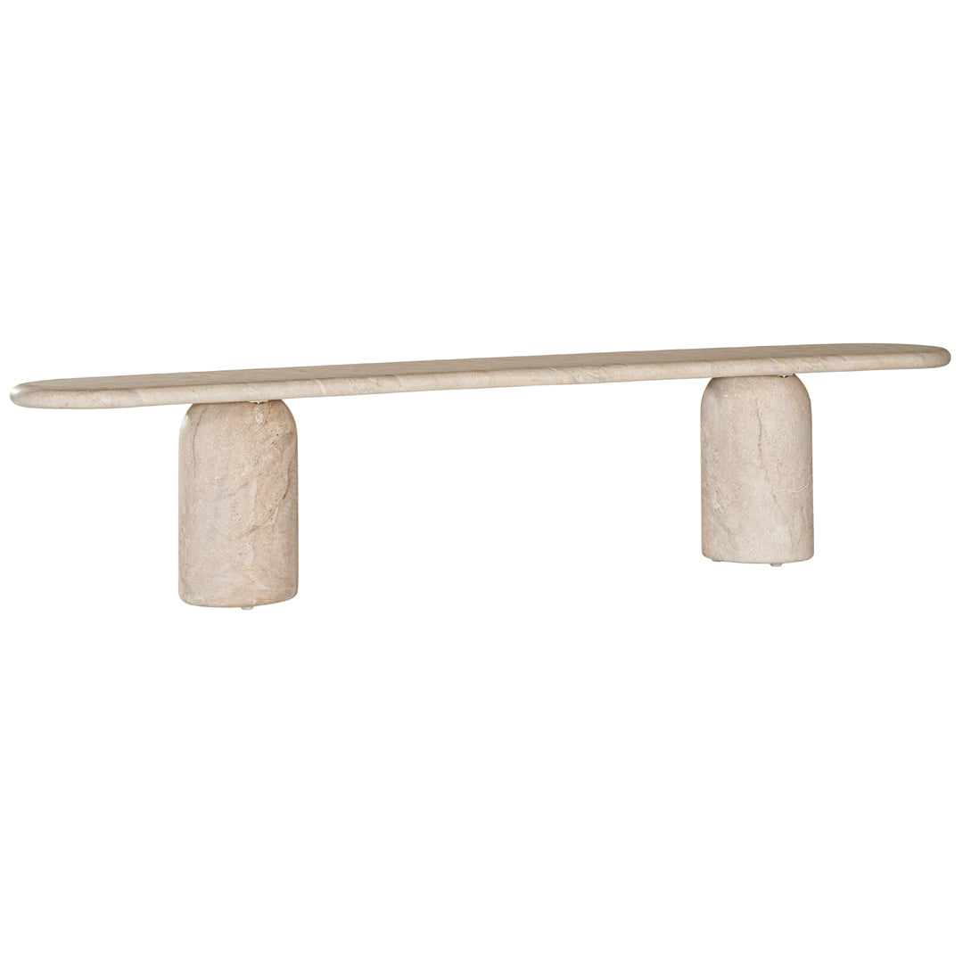 Ayanda bench in dune hydro dipped finish with elongated top and two cylindrical pedestal legs.