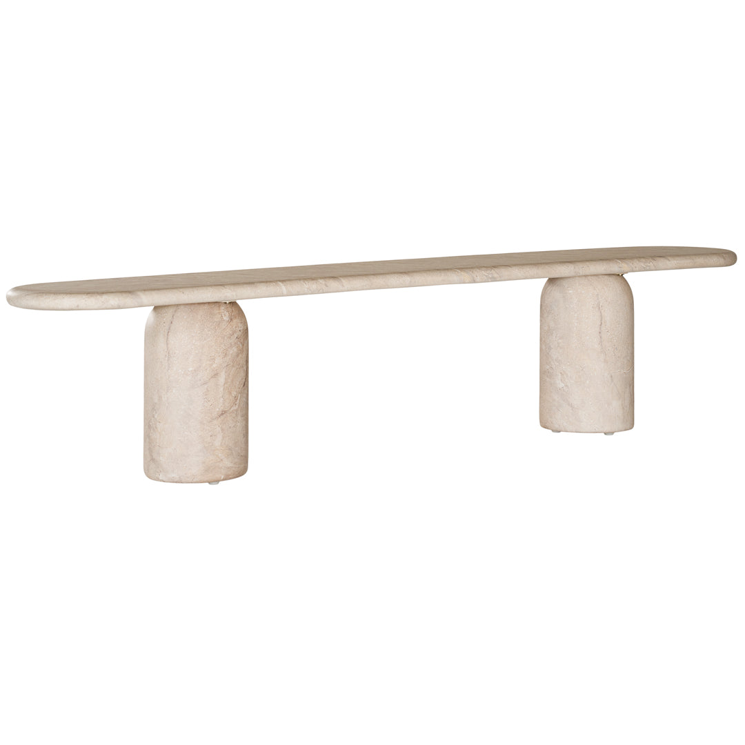 Ayanda bench in dune hydro dipped finish with elongated top and two cylindrical pedestal legs.