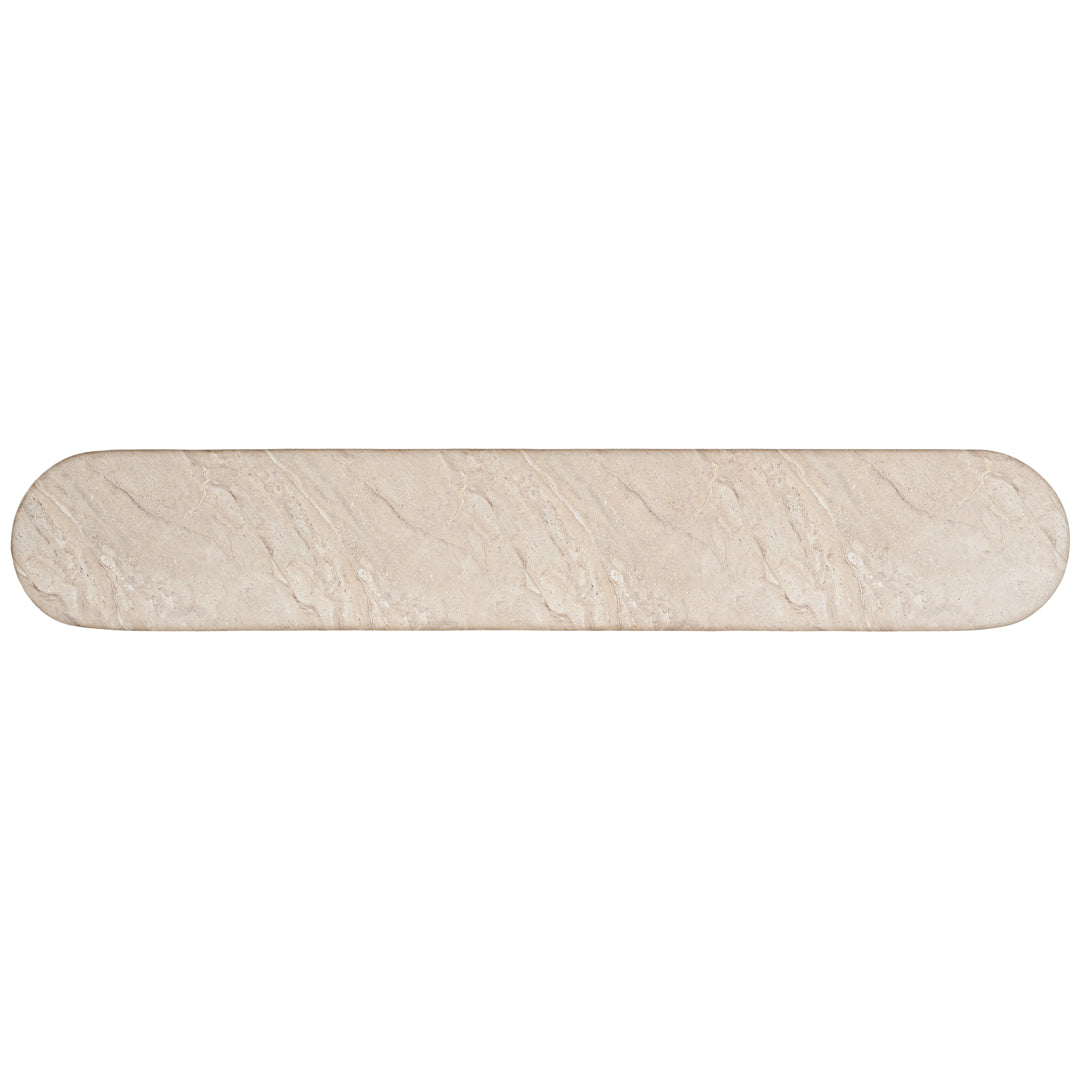 Ayanda bench in dune hydro dipped finish with elongated top and two cylindrical pedestal legs.