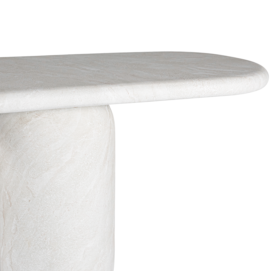 Ayanda bench in eggshell hydro dipped finish with elongated sculptural top and cylindrical pedestal legs.