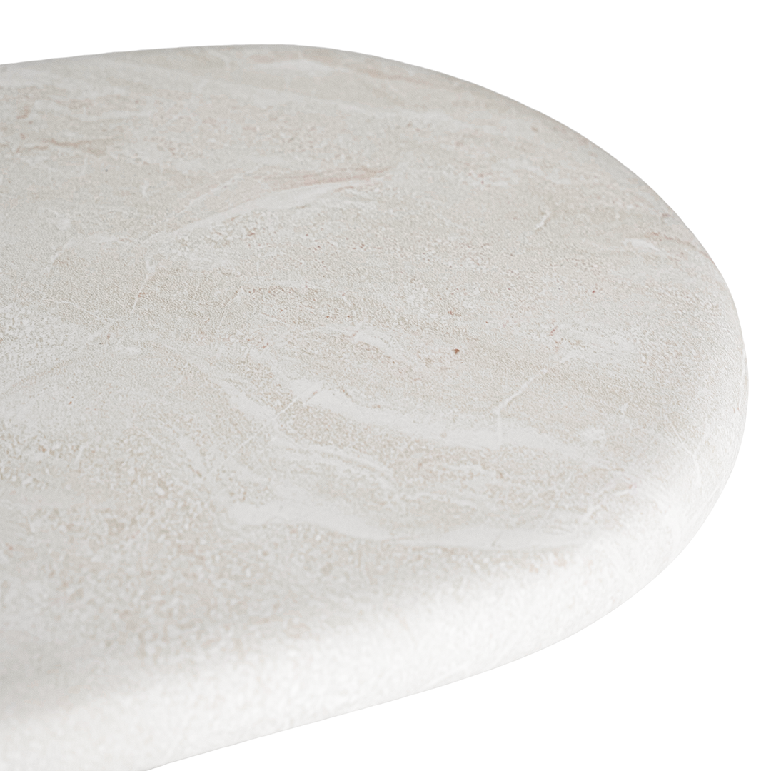 Ayanda bench in eggshell hydro dipped finish with elongated sculptural top and cylindrical pedestal legs.