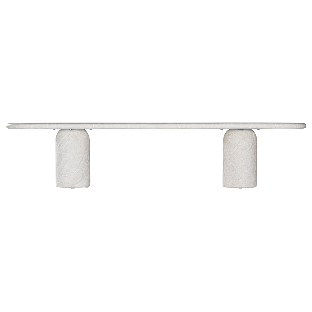 Ayanda bench in eggshell hydro dipped finish with elongated sculptural top and cylindrical pedestal legs.