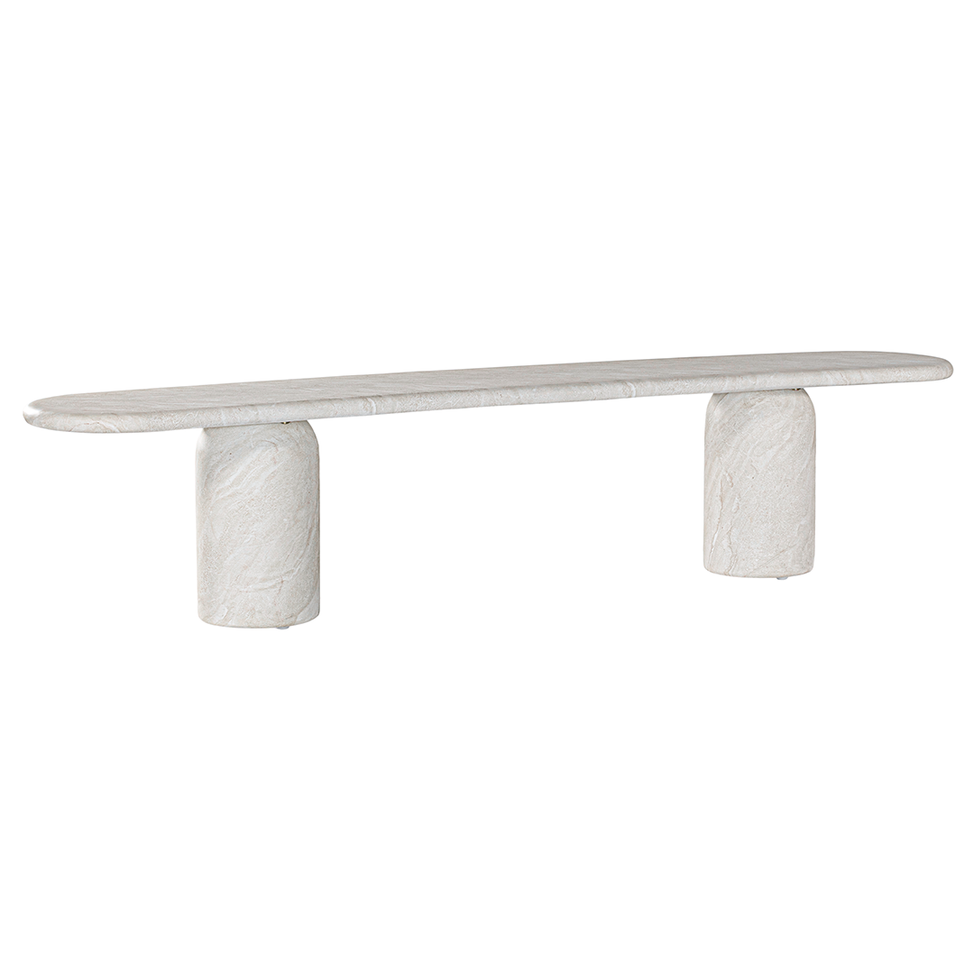 Ayanda bench in eggshell hydro dipped finish with elongated sculptural top and cylindrical pedestal legs.