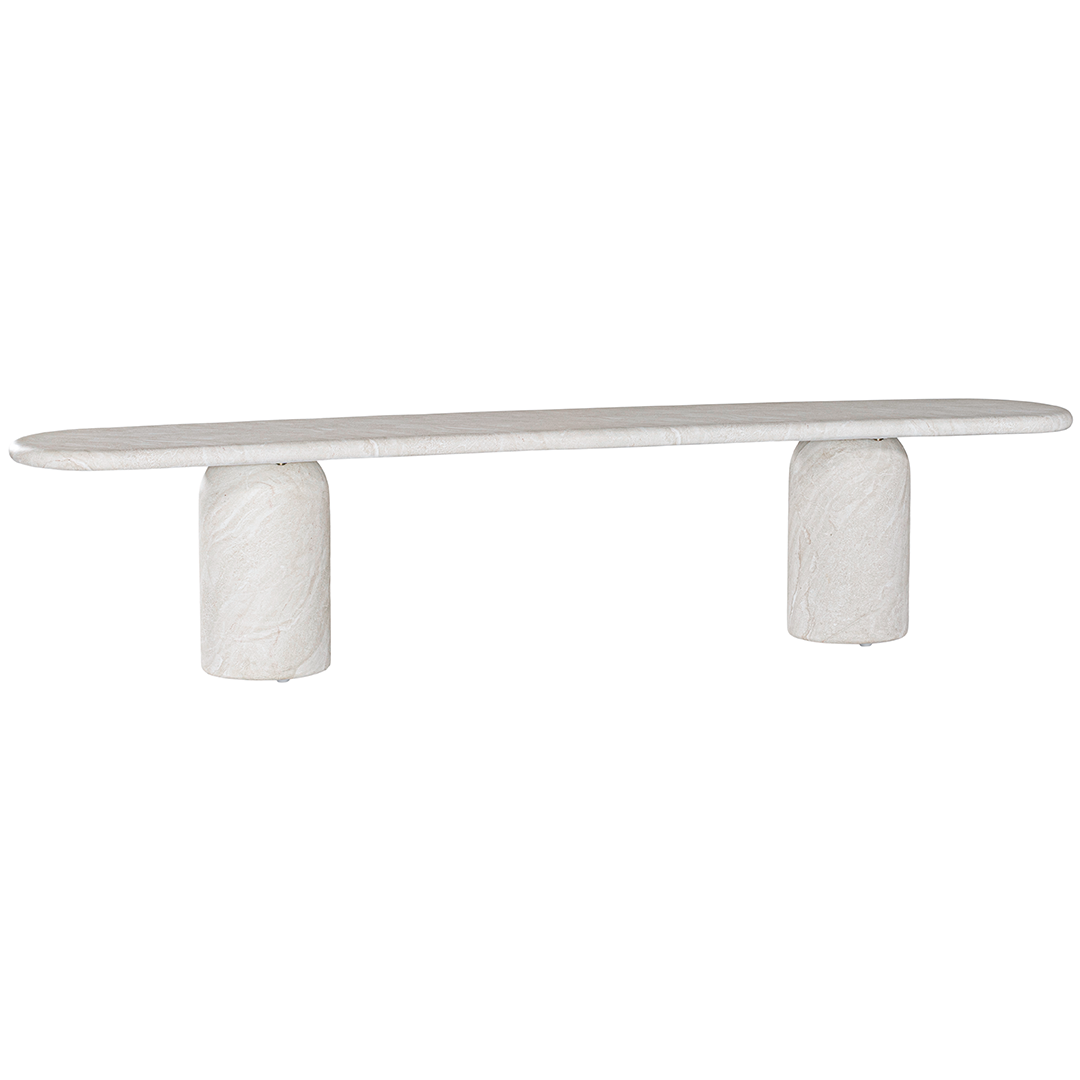 Ayanda bench in eggshell hydro dipped finish with elongated sculptural top and cylindrical pedestal legs.