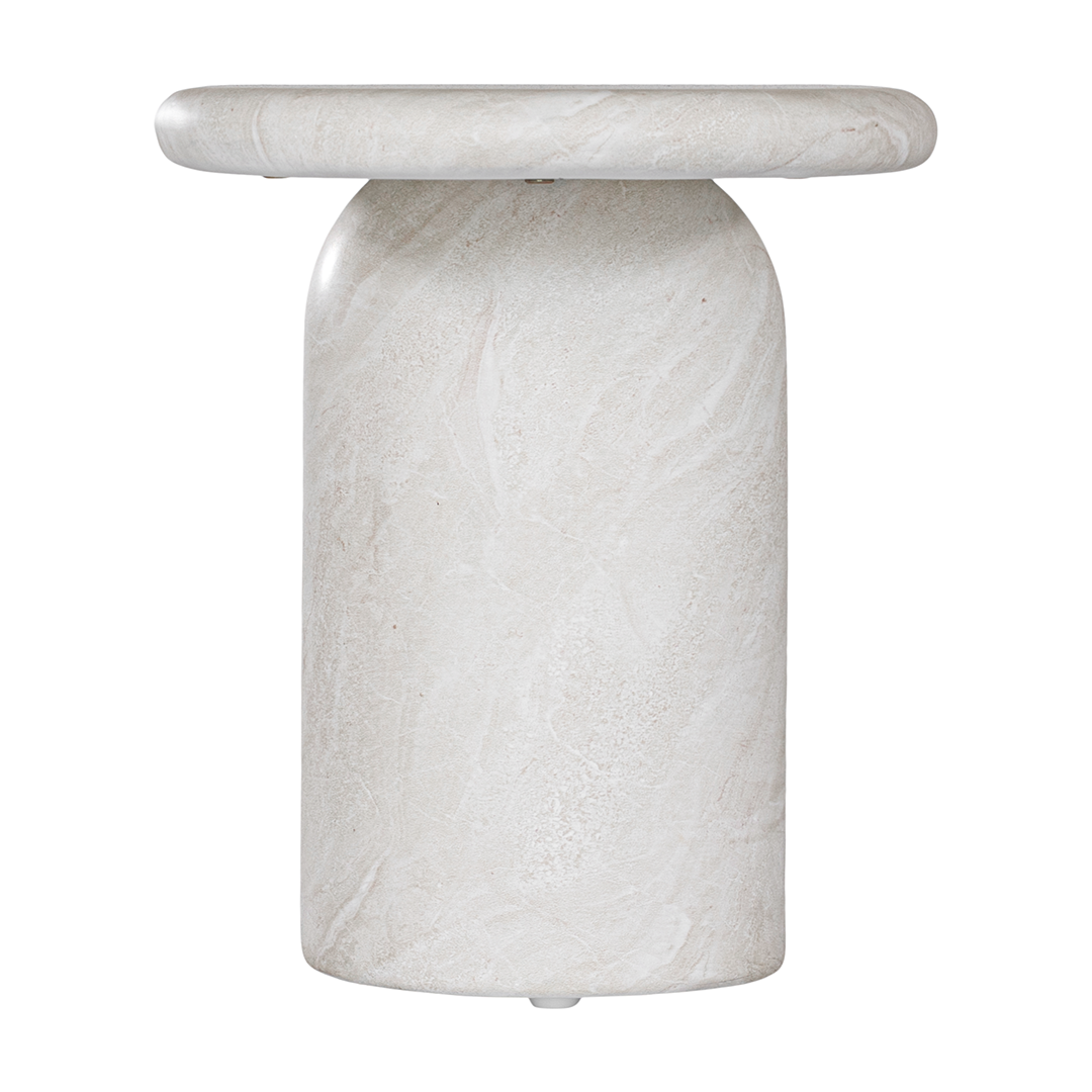 Ayanda bench in eggshell hydro dipped finish with elongated sculptural top and cylindrical pedestal legs.