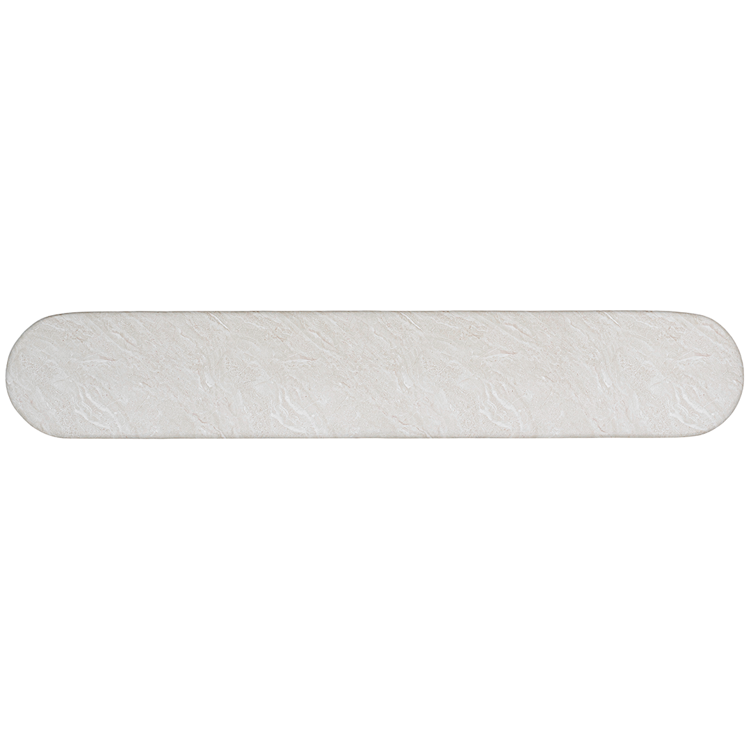 Ayanda bench in eggshell hydro dipped finish with elongated sculptural top and cylindrical pedestal legs.