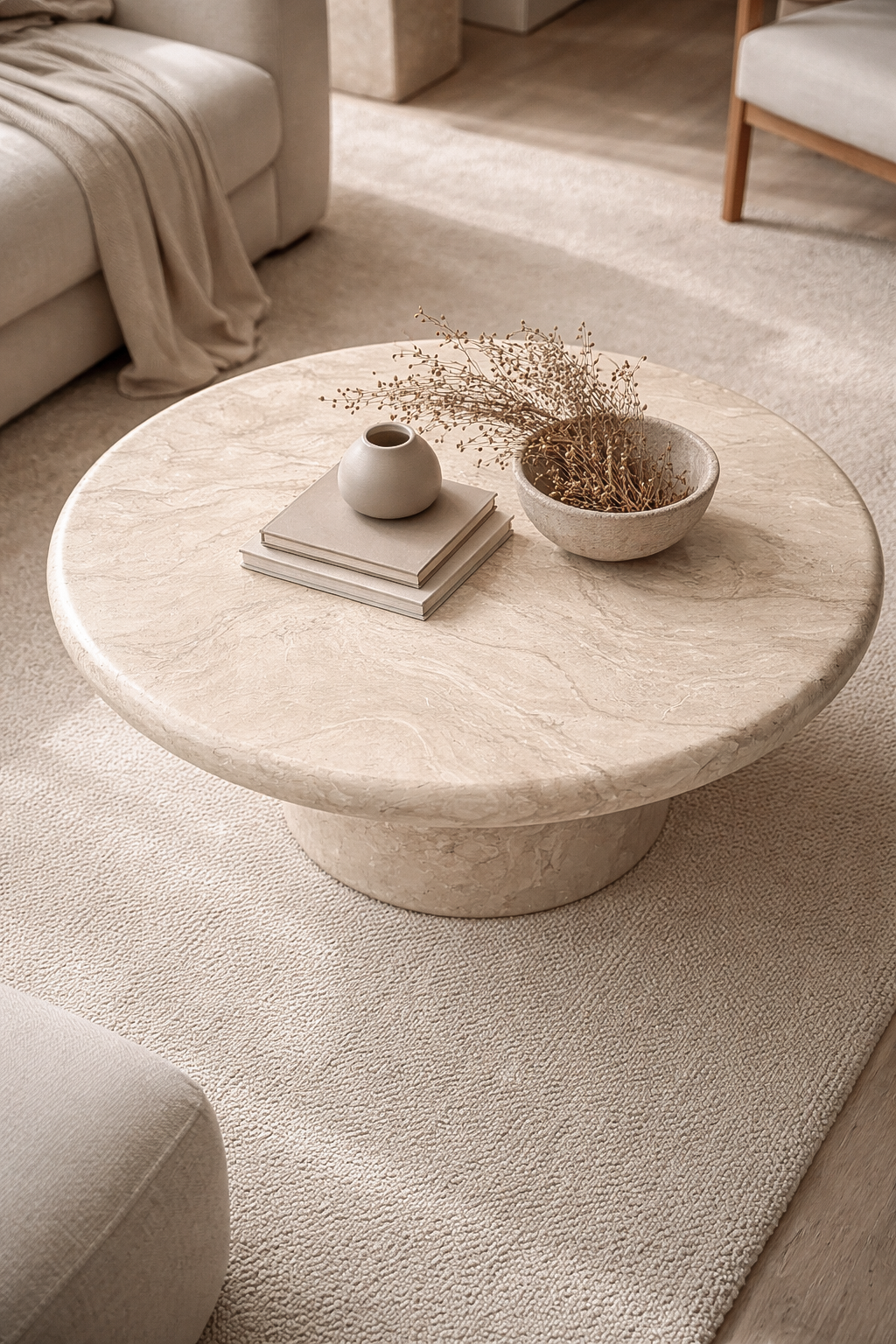 Ayanda coffee table in dune hydro dipped finish with round top and sculptural pedestal base styled in a soft neutral living room.