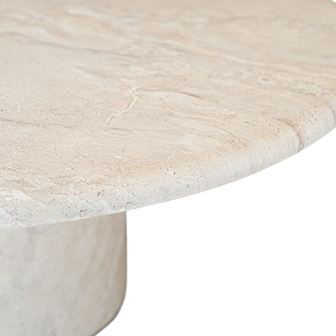Ayanda coffee table in dune hydro dipped finish with rounded tabletop and solid cylindrical pedestal base.