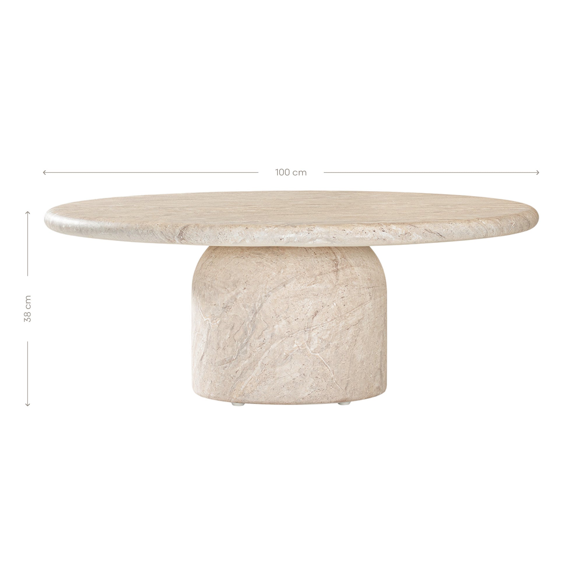 Ayanda coffee table in dune hydro dipped finish with rounded tabletop and solid cylindrical pedestal base.