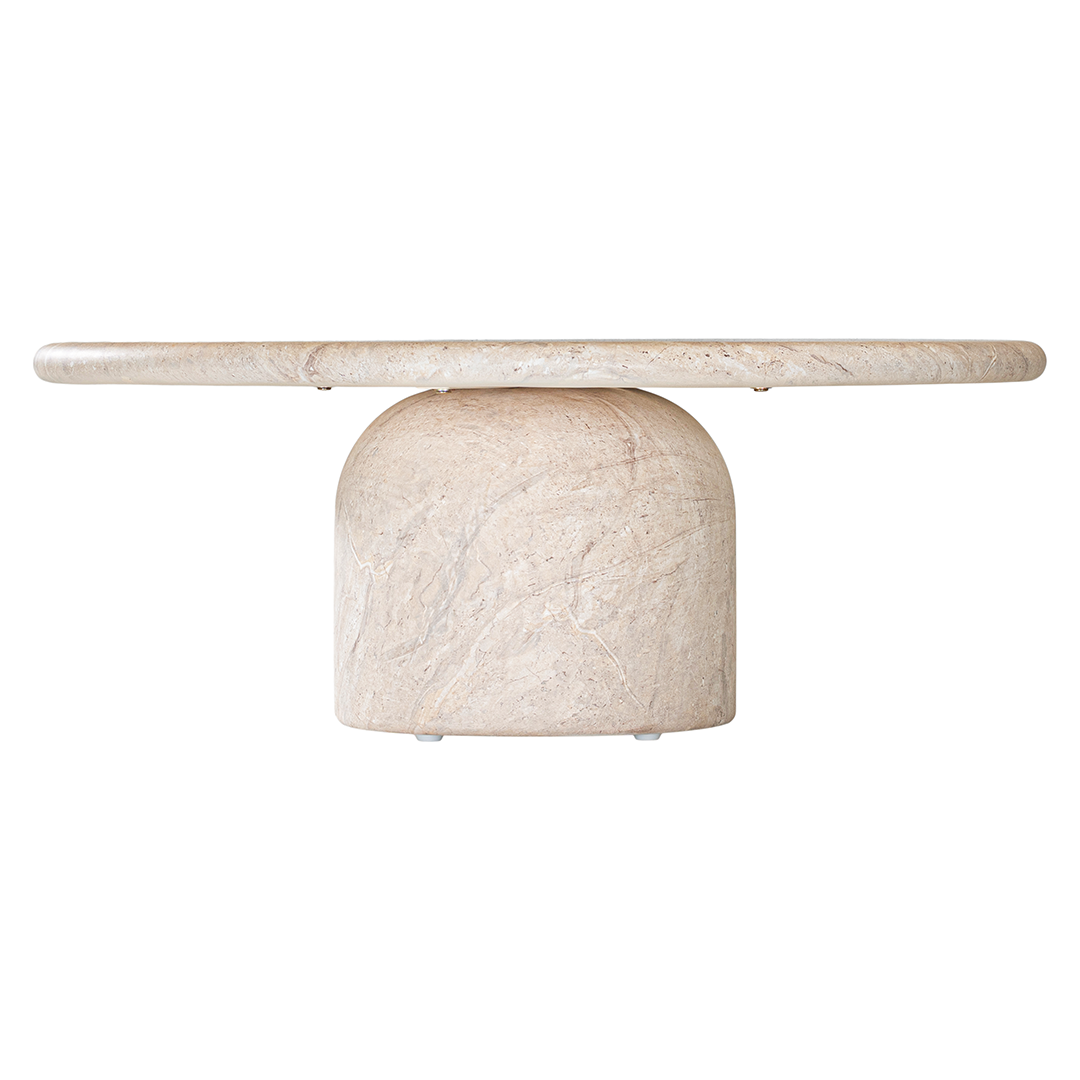 Ayanda coffee table in dune hydro dipped finish with rounded tabletop and solid cylindrical pedestal base.