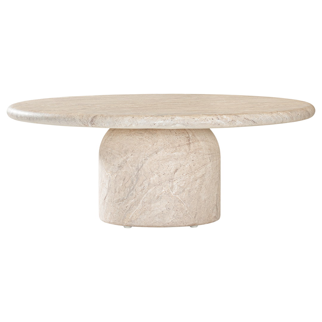 Ayanda coffee table in dune hydro dipped finish with rounded tabletop and solid cylindrical pedestal base.