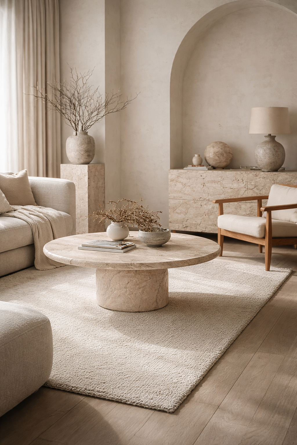 Ayanda coffee table in dune hydro dipped finish with round top and sculptural pedestal base styled in a warm neutral living room.