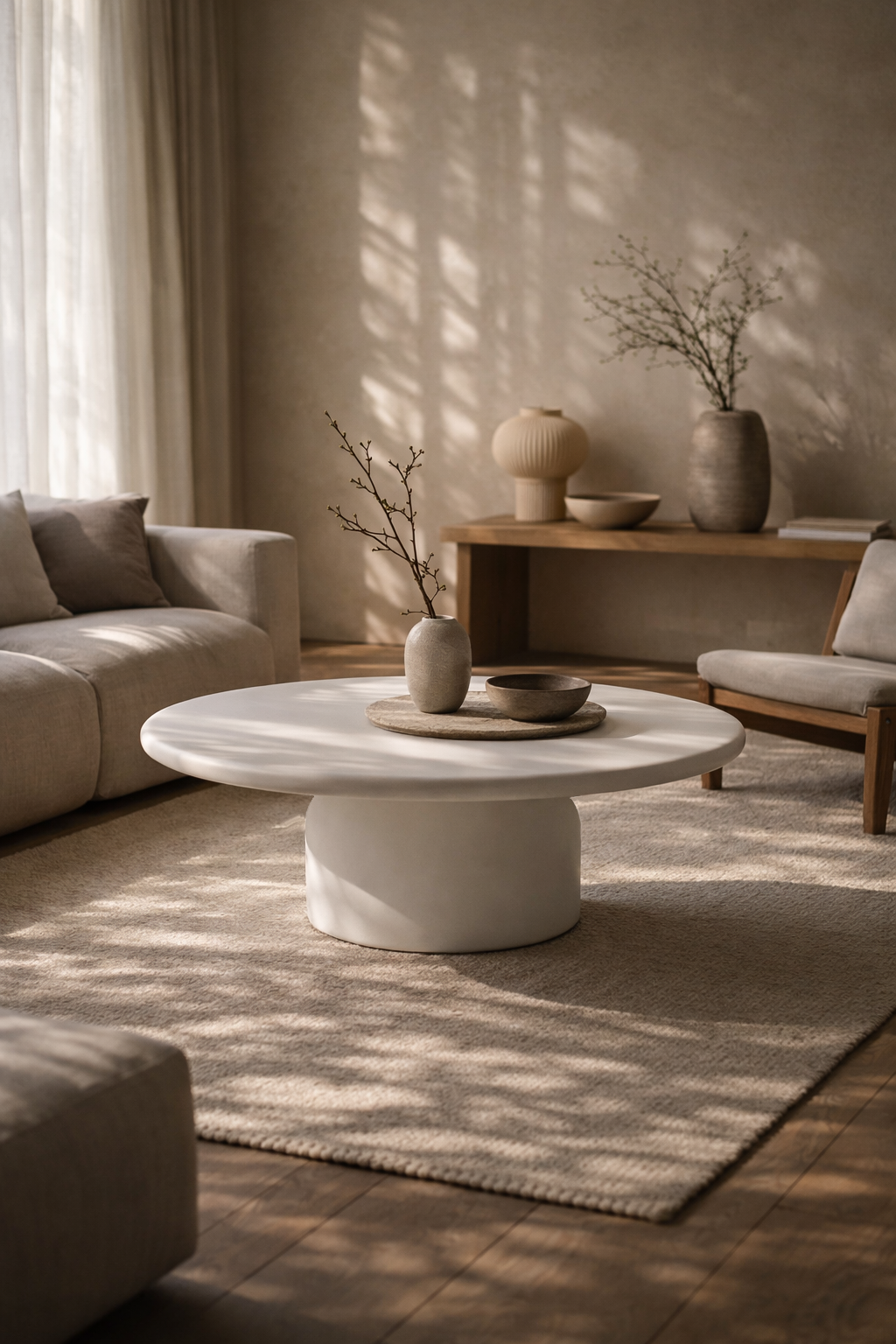 Ayanda coffee table in white hydro dipped finish with round top and pedestal base styled in a sunlit living room with soft neutral furnishings.