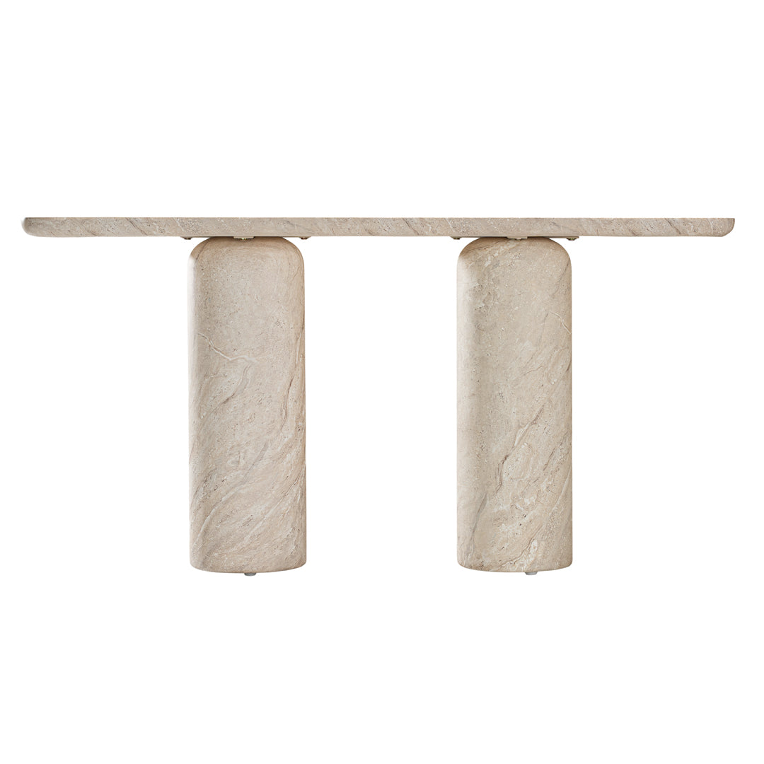 Ayanda console in dune hydro dipped finish with elongated top and two cylindrical pedestal legs.