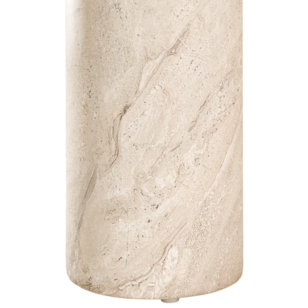 Ayanda console in dune hydro dipped finish with elongated top and two cylindrical pedestal legs.