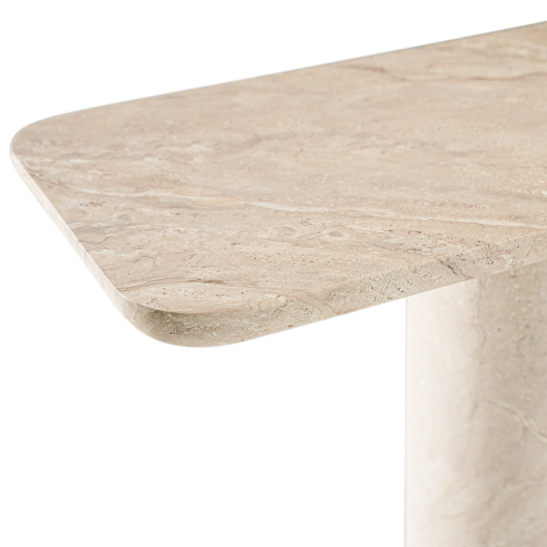 Ayanda console in dune hydro dipped finish with elongated top and two cylindrical pedestal legs.