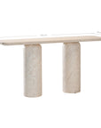 Ayanda console in dune hydro dipped finish with elongated top and two cylindrical pedestal legs.