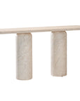 Ayanda console in dune hydro dipped finish with elongated top and two cylindrical pedestal legs.