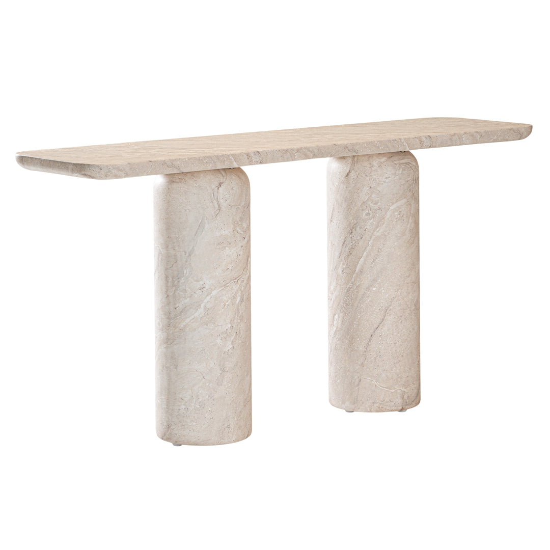 Ayanda console in dune hydro dipped finish with elongated top and two cylindrical pedestal legs.