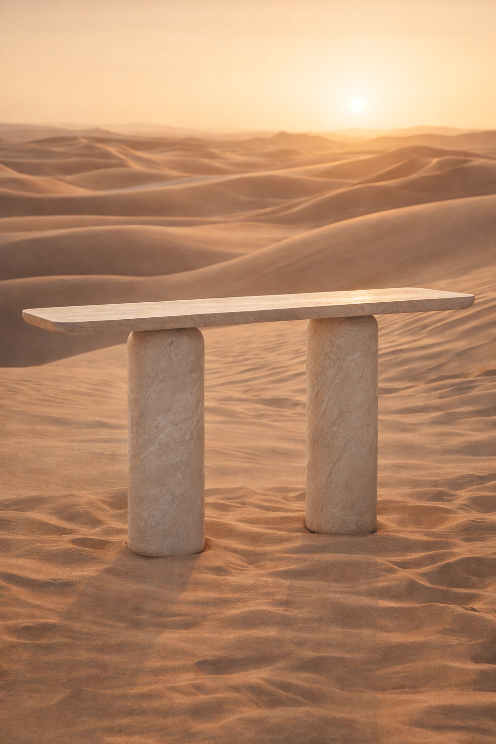 Ayanda console table in dune hydro dipped finish with slim rectangular top and twin cylindrical pedestal legs set in a desert landscape.