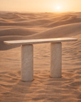 Ayanda console table in dune hydro dipped finish with slim rectangular top and twin cylindrical pedestal legs set in a desert landscape.