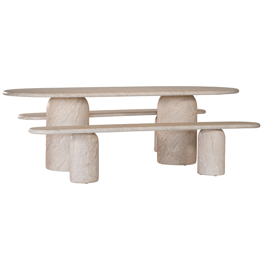 Ayanda dining table and bench in dune hydro dipped finish with oval tabletop and two cylindrical pedestal bases.