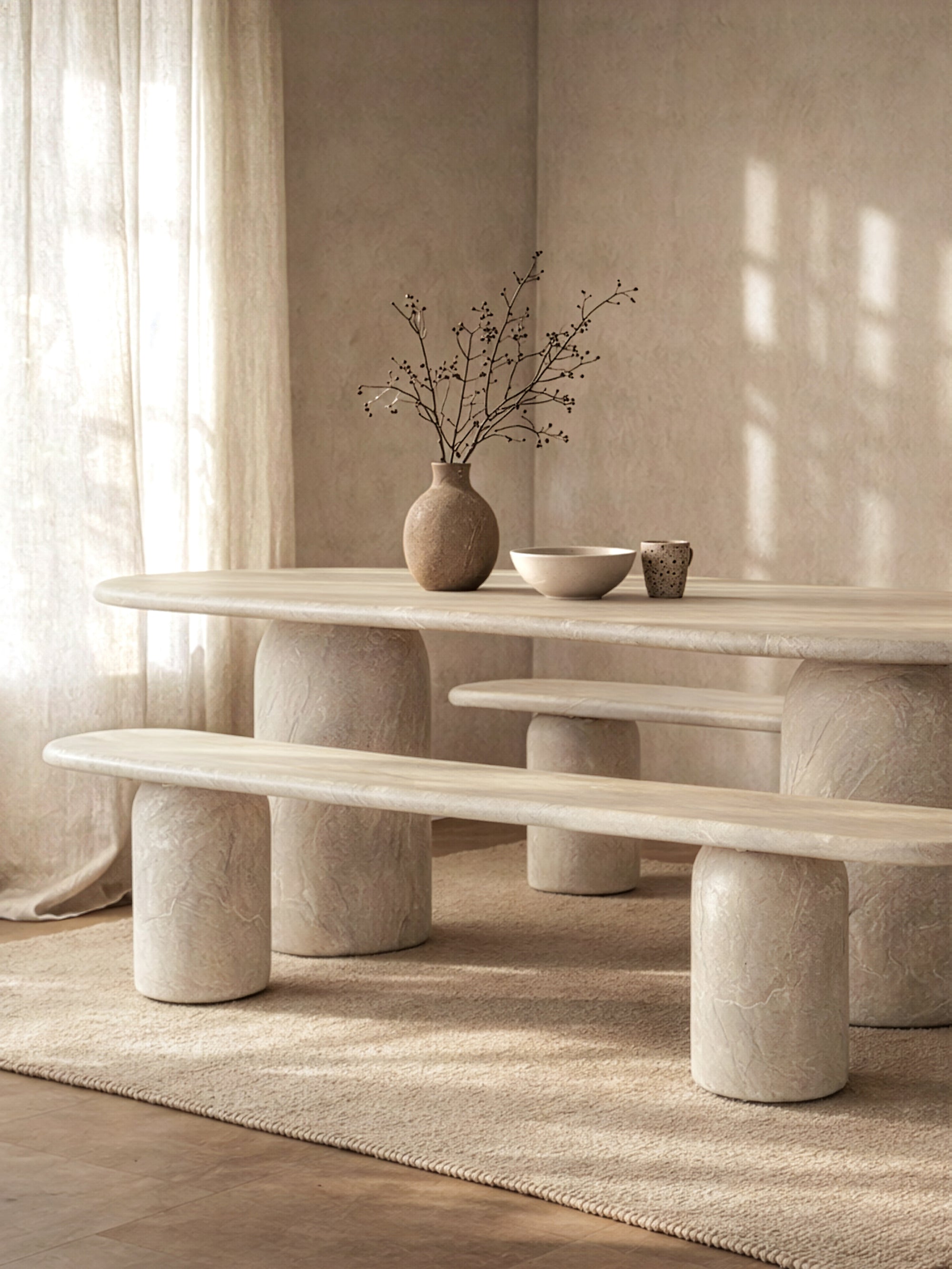 Ayanda dining table with bench in dune styled in a minimal neutral space with soft light and textured finishes.