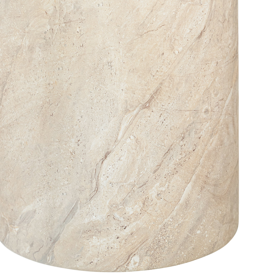 Ayanda dining table in dune hydro dipped finish with oval tabletop and two cylindrical pedestal bases.