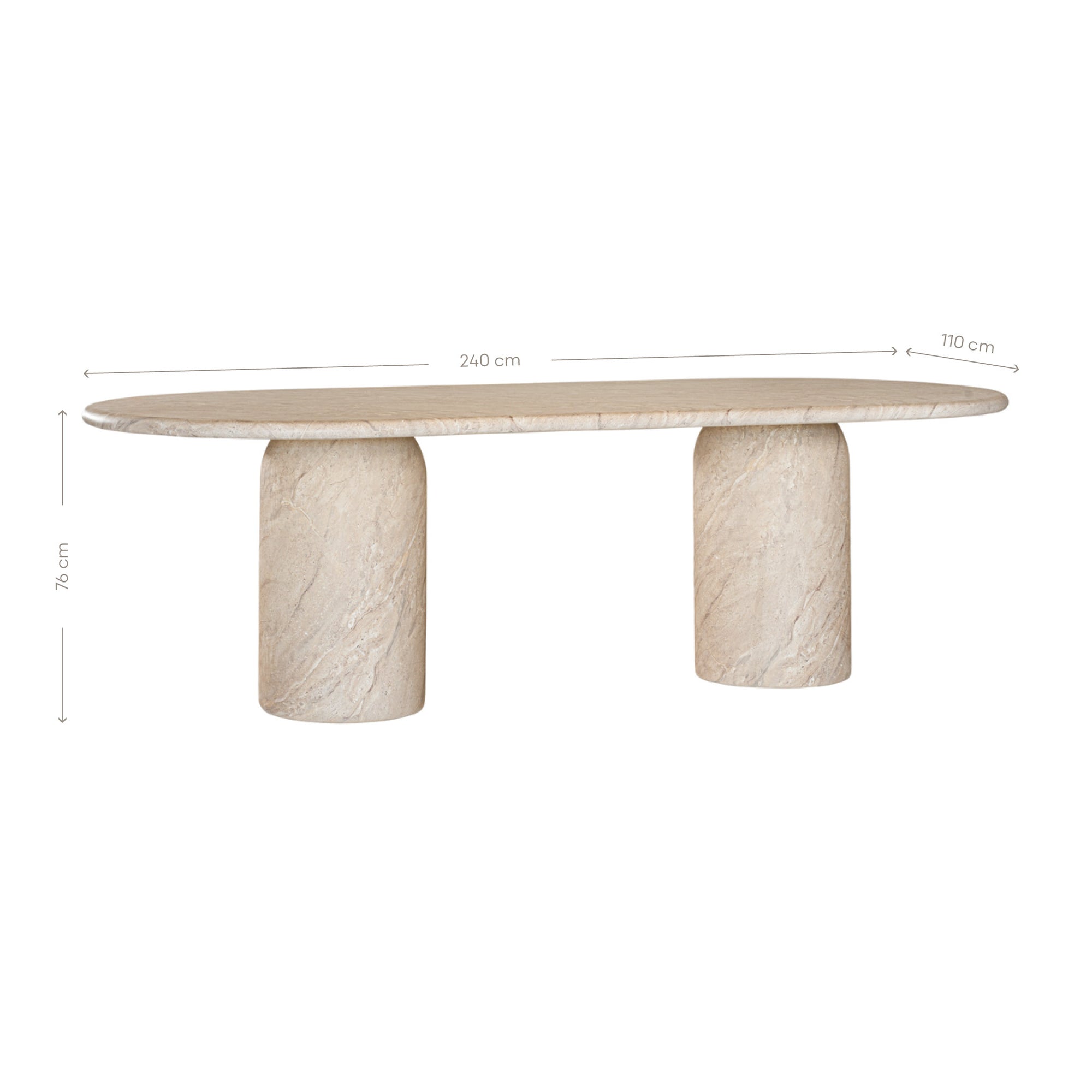 Ayanda dining table in dune hydro dipped finish with oval tabletop and two cylindrical pedestal bases.