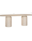 Ayanda dining table in dune hydro dipped finish with oval tabletop and two cylindrical pedestal bases.