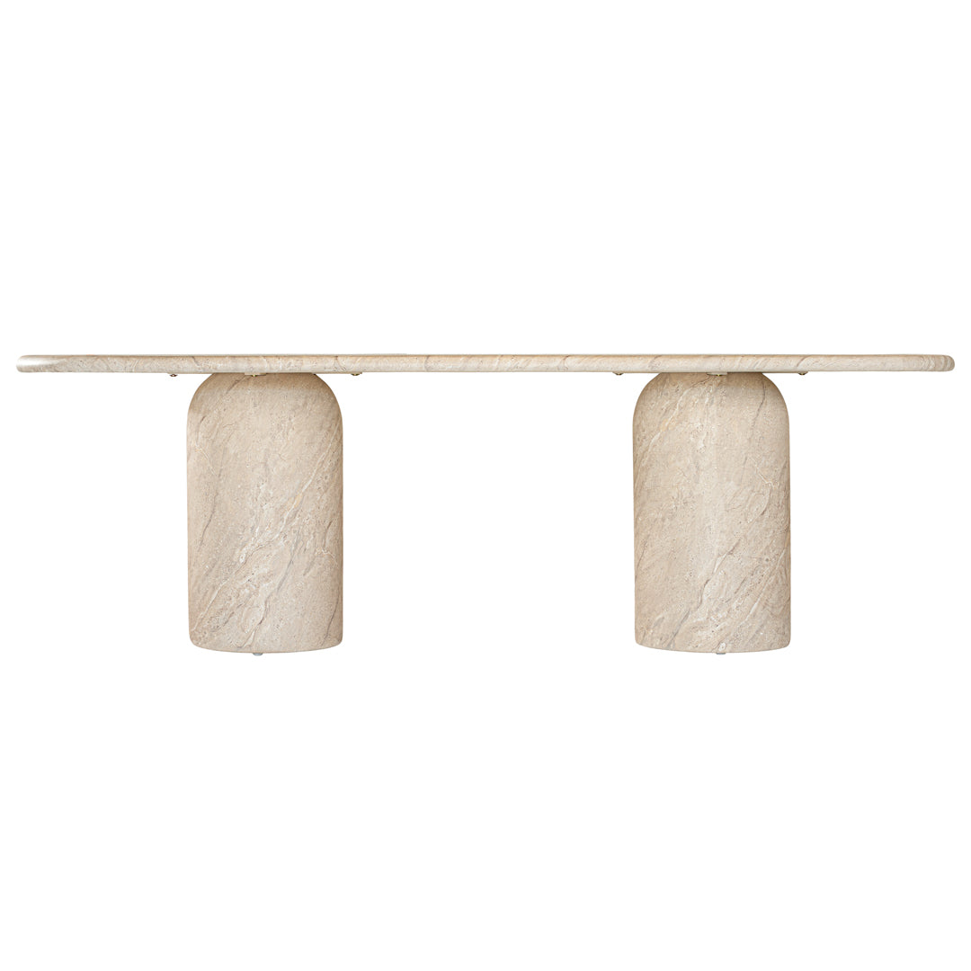 Ayanda dining table in dune hydro dipped finish with oval tabletop and two cylindrical pedestal bases.